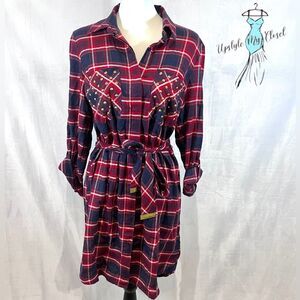 Michael Kors long sleeve studded tartan plaid belted shirt dress size medium